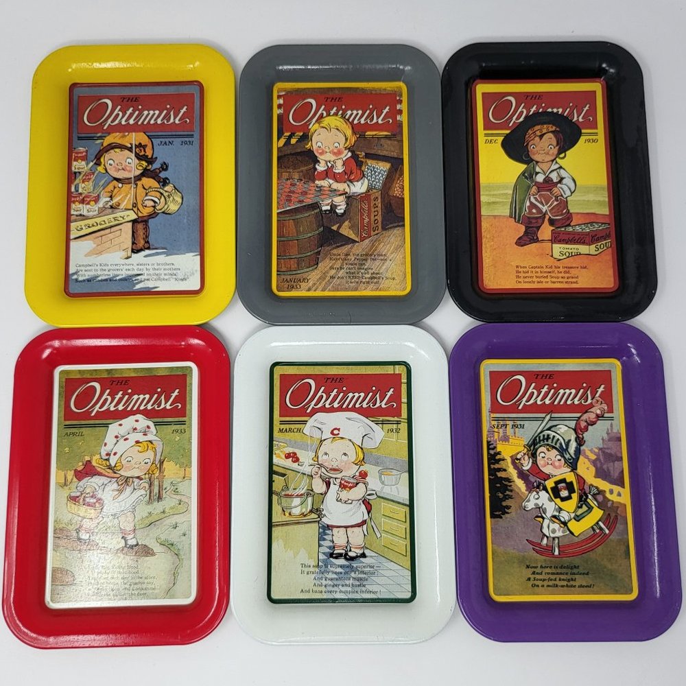 6 Vintage Campbell's Soup Kids Optimist Tin Serving Trays Cover Ads From The 30s